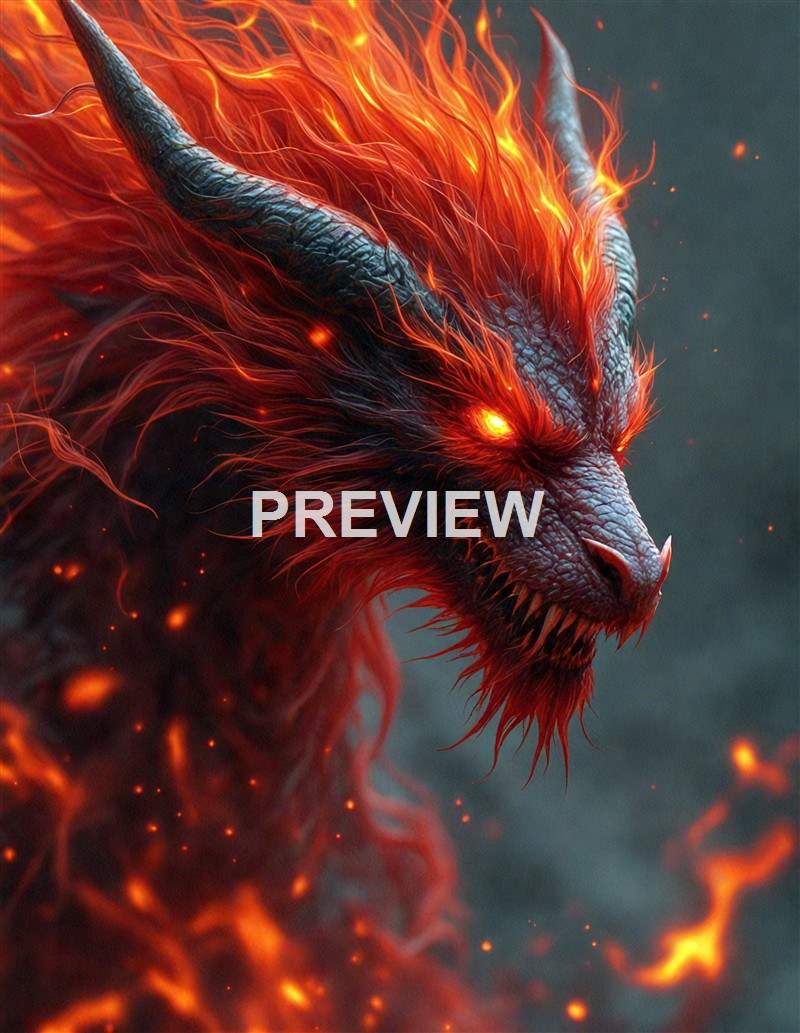 A fierce, fiery dragon with glowing eyes, sharp teeth, and scales, surrounded by flames and embers.